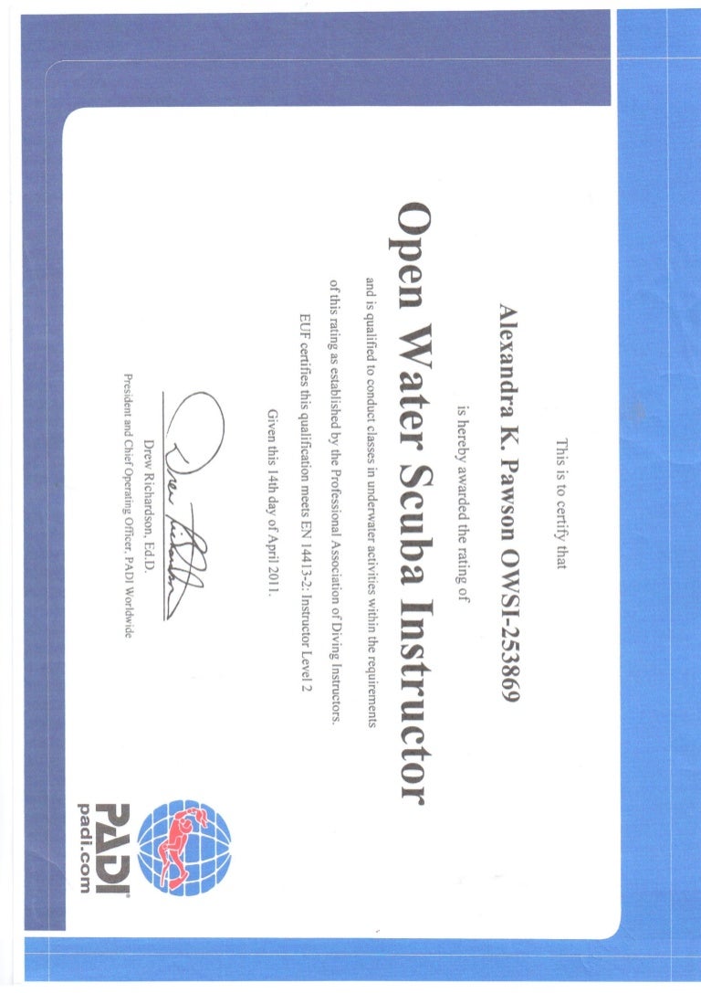 PADI (Professional Association of Diving Instructors) Certificate O…