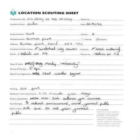 Location Scouting Sheet Park | PDF