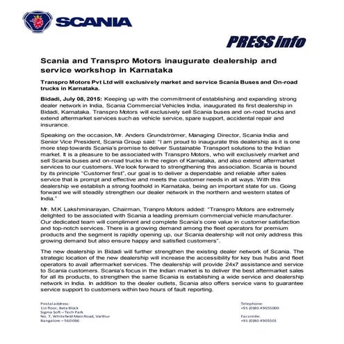 Scania opens first dealership in Karnataka - Press Release | DOCX