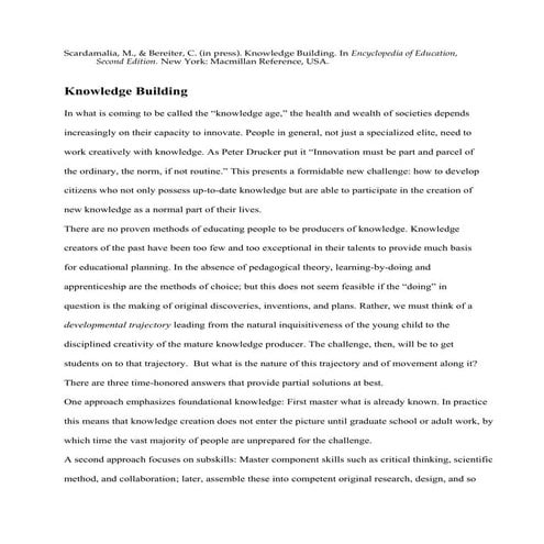 Scardamalia and Bereiter: The Theory of Knowledge Building