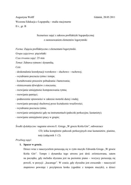 Scenariusz zajęć z zakresu profilaktyki logopedycznej | DOCX