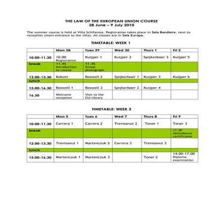 Academy of European Law  European University Institute Schedule 2010