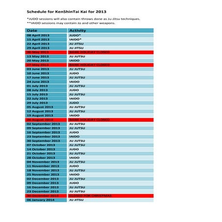 Schedule for ken shintai kai for 2013
