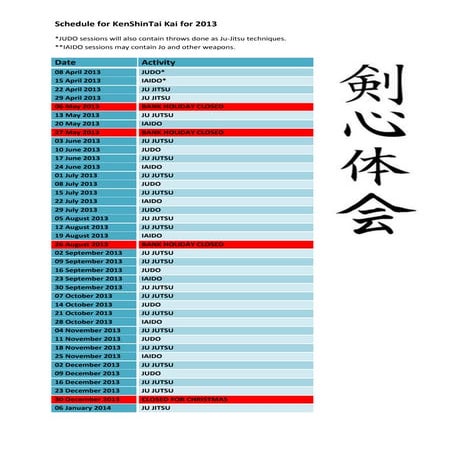 Schedule for ken shintai kai for 2013