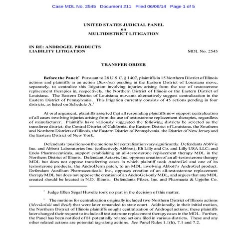 Schedule of action androgel MDL AND TRANSFER ORDER