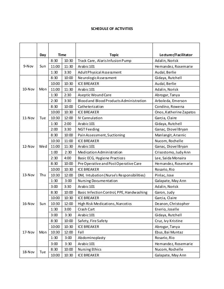 Schedule Of Activities Example
