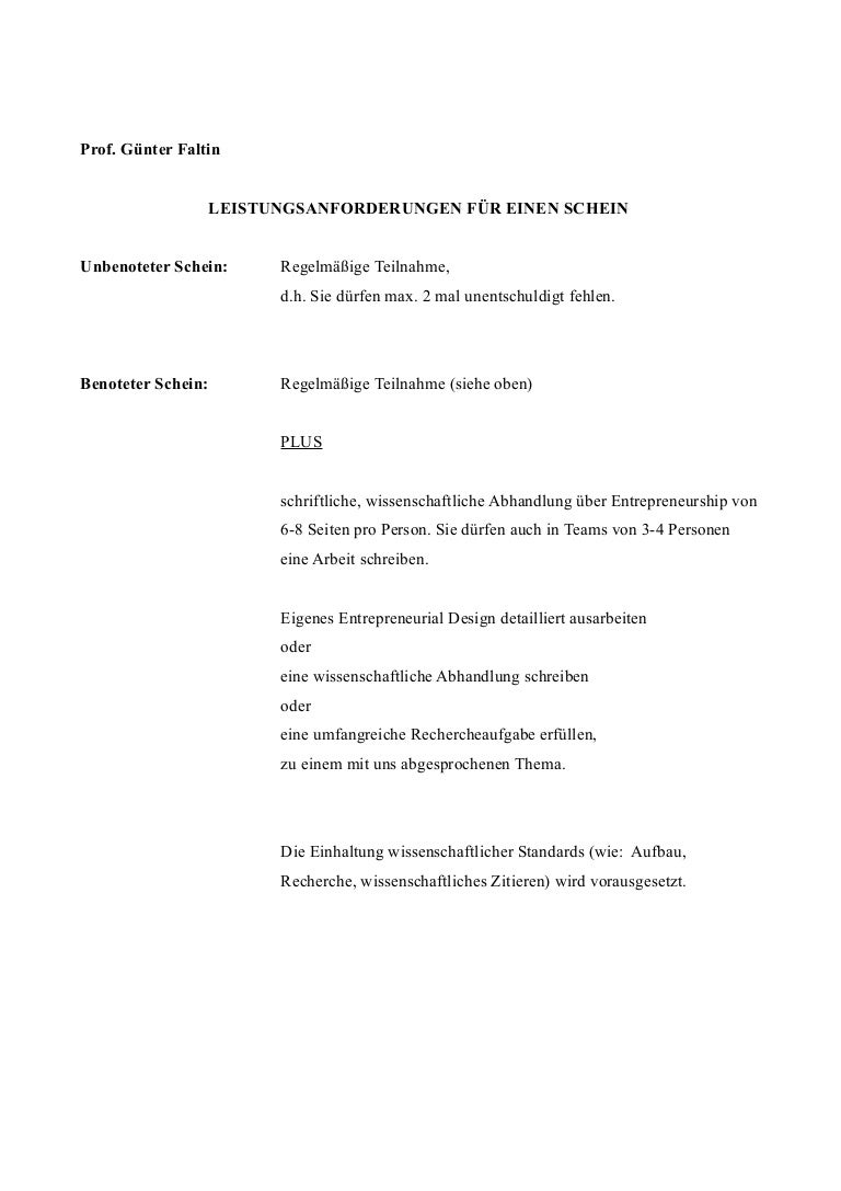 Vorlesung Prof Faltin Scheinanforderungen