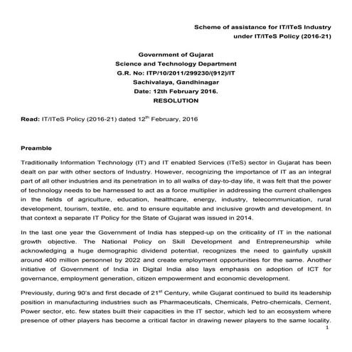 Gujarat, India Government IT-ITeS Assistance Policy complete Document | PDF