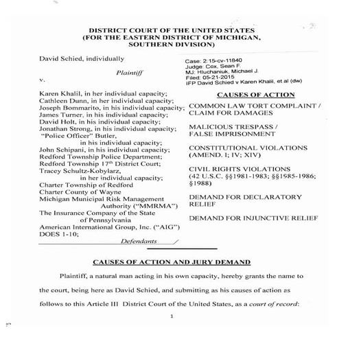 Schied - Courtwatch Follow-up; Final Prima Facea Filing - District Court of the U.S. 2015-05-21