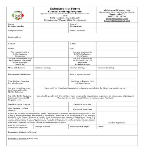 Scholarship form for training at ribams by muhammad khurram baig