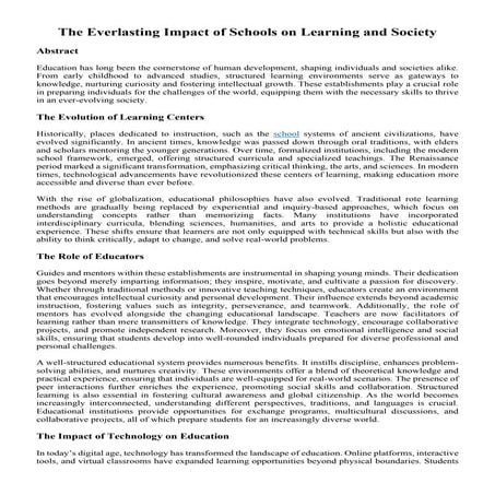 The Everlasting Impact of Schools on Learning and Society