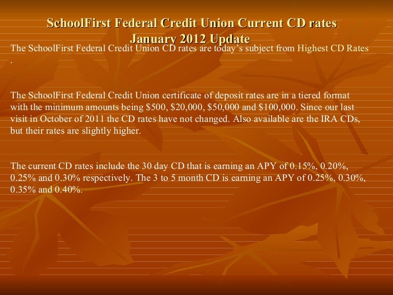 School first federal credit union current cd rates january 2012 update