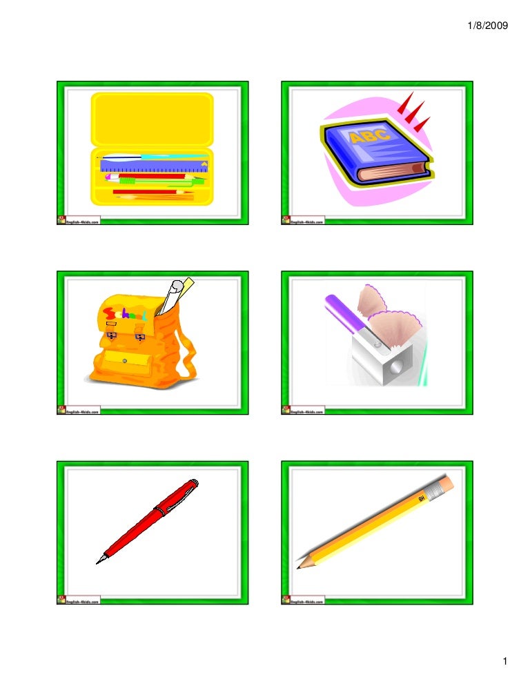 School supplies flash cards small