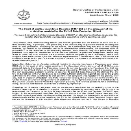 ECJ Press Release in Schrems II Decision