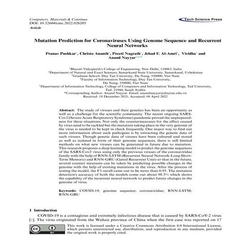 Mutation Prediction for Coronaviruses using Genome Sequence and Recurrent Neu...