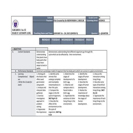 Daily lesson log  in science grade 4 quarter 3