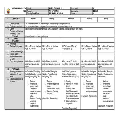 Daily Lesson Log in Science Grade 6 Quarter 1 Week 4