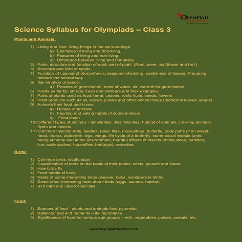 Science Syllabus for Olympiads - Class 3