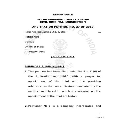 SC Judgement - Appointment Of Third Arbitrator | PDF
