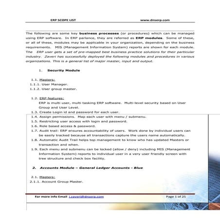 ERP Modules Scope Generic 29 Modules major master, input and output