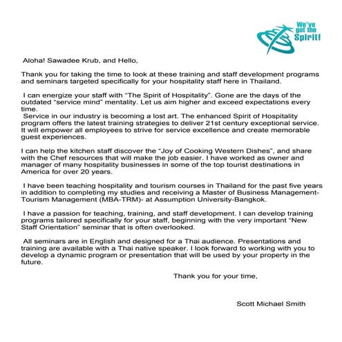 Scott Michael Smith And The Spirit Of Hospitality Letter, March 27, 2007