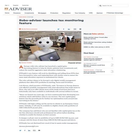 FT Adviser - Robo-adviser launches tax monitoring feature