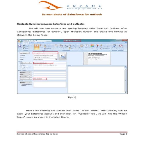 Screen shots of salesforce for outlook