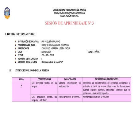 Sesión de Aprendizaje para Educación Inicial: Conociendo la Vocal “O” | PDF