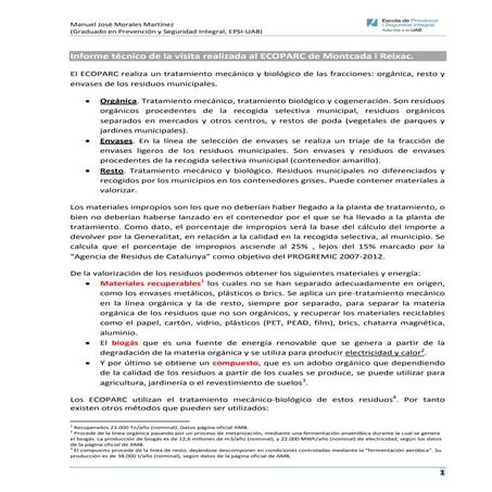 Informe técnico de la visita realizada al ECOPARC de Montcada i Reixac