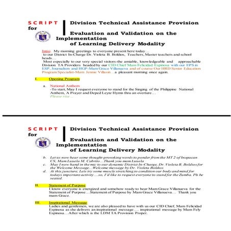 Script  for Division Technical Assistance Provision (TA) for LDM IMplementation