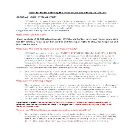 Script for trailer outlining the shots