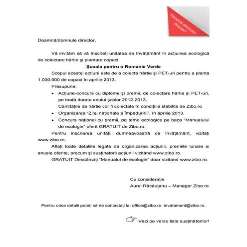 Scrisoare catre scolile din Romania