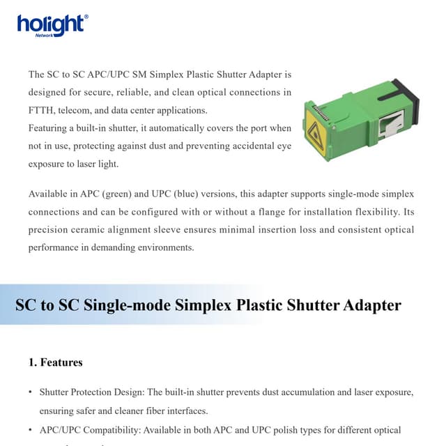 SC to SC SM Simplex Plastic Shutter Adapter | Cost-Effective Fiber ...