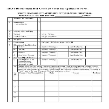 SDAT Recruitment 2015 Coach 38 Vacancies Application Form | PDF