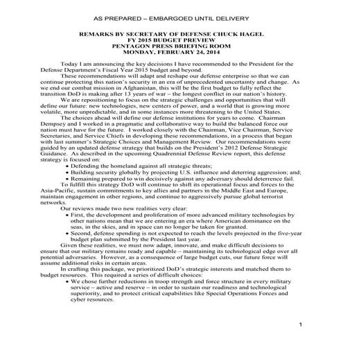 SECDEF Budget Preview  - Prepared Remarks Feb 24, 2014