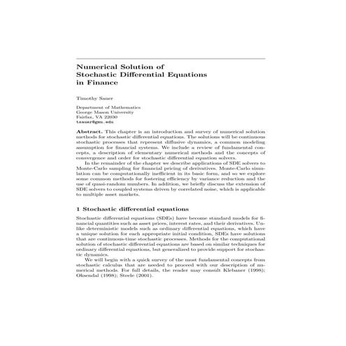 Numerical Solution of Stochastic Differential Equations in Finance