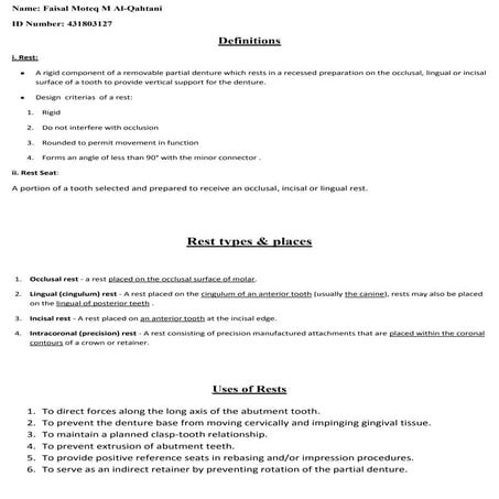 Tooth preparation for rest seats dental Removable Prosthodontics 