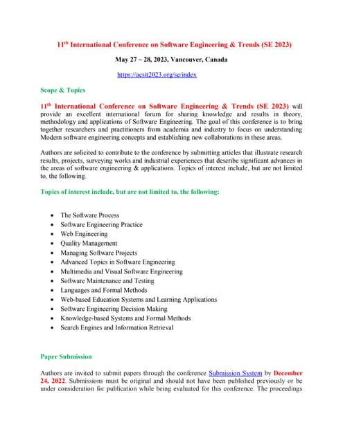11th International Conference on Software Engineering & Trends (SE 2023