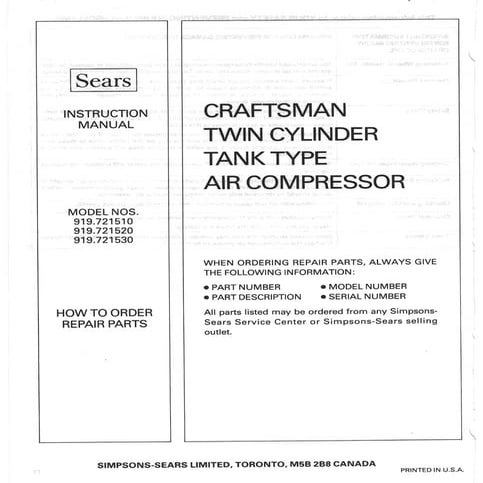 Sears Craftsman Twin Cylinder Tank Type Air Compressor Manual | PDF