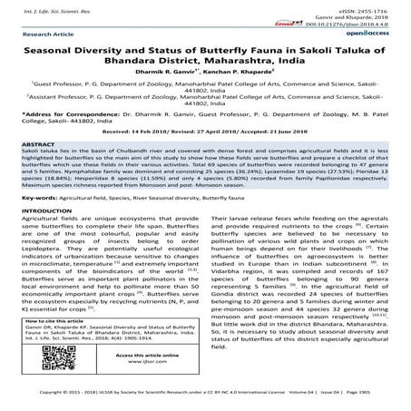 Seasonal Diversity and Status of Butterfly Fauna in Sakoli Taluka of Bhandara...