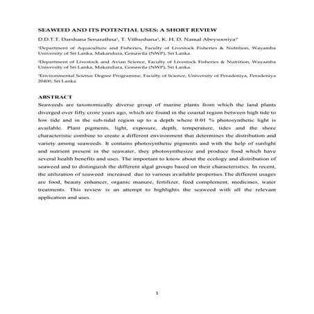 SEAWEED AND ITS POTENTIAL USES: A SHORT REVIEW | PDF