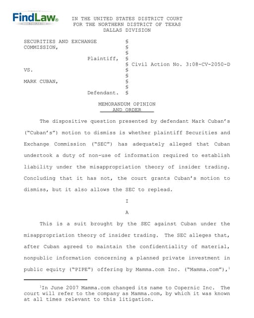 FindLaw | Marc Cuban Insider Trading Charges Dismissed
