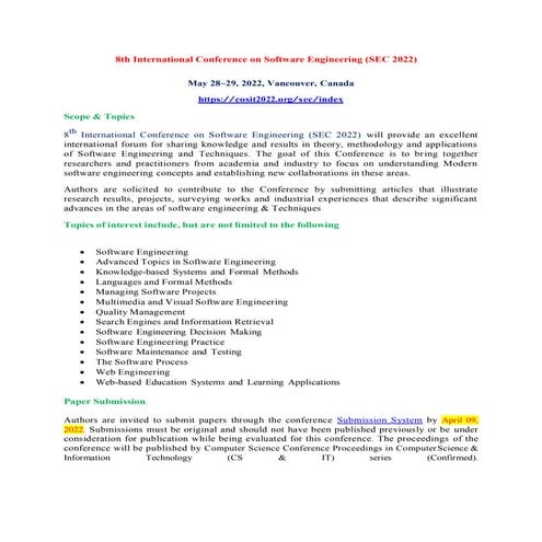Call For papers - 8th International Conference on Software Engineering ...