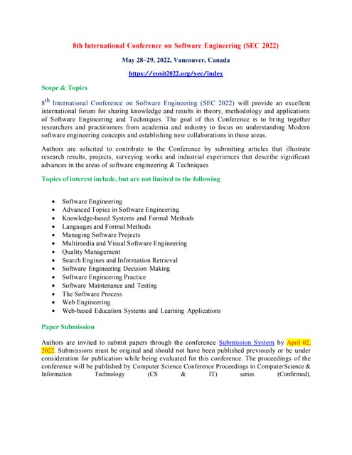 8th International Conference on Software Engineering (SEC 2022) | PDF