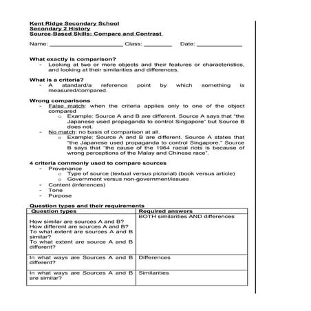 Sec 2 History SBQ Skill: Compare and Contrast notes
