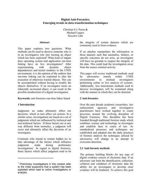 Digital Anti-Forensics: Emerging trends in data transformation techniques