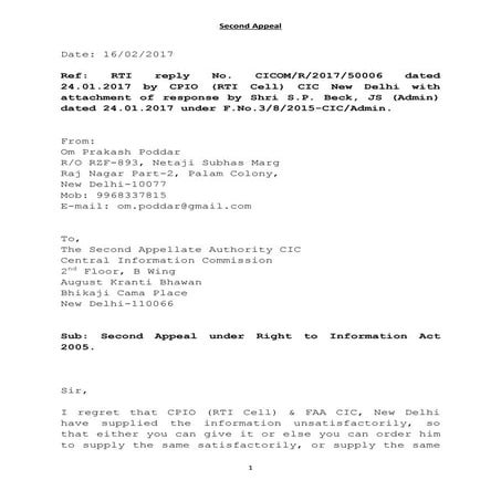 Second Appeal against CIC New Delhi for Non-Implementation of Section 7(1) of...