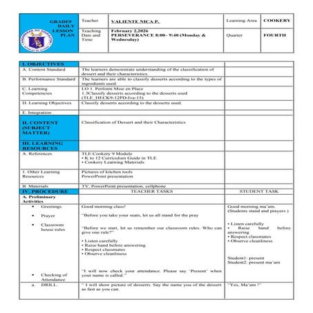 DETAILED LESSON PLAN IN COOKERY 9 | DOCX