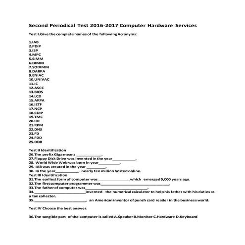 Computer grade 1- 1st Quarter Exam | DOCX