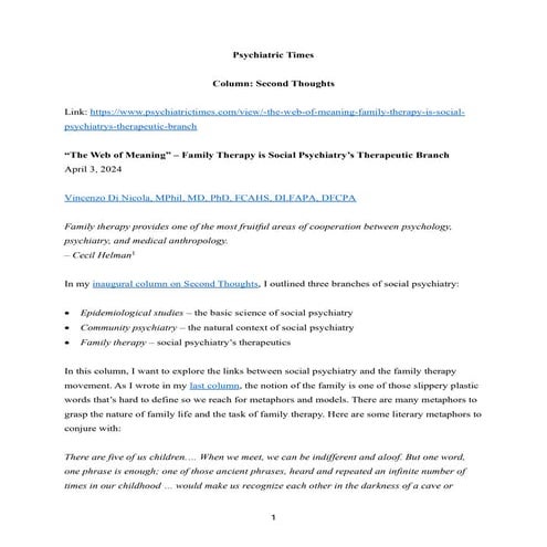 “The Web of Meaning” – Family Therapy is Social Psychiatry’s Therapeutic Branch